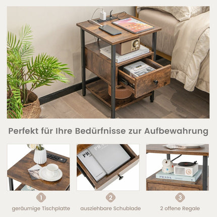 Bedside Table with Charging Station, Drawer, and Shelves