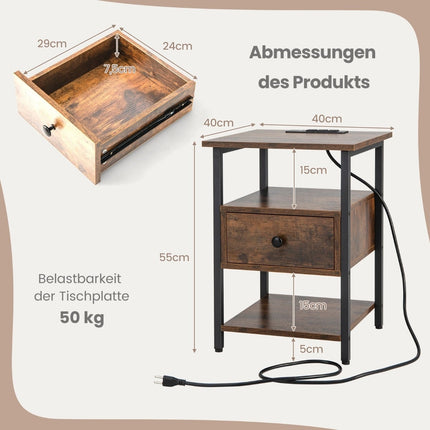 Bedside Table with Charging Station, Drawer, and Shelves