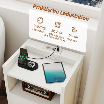 Nachttisch mit LED-Beleuchtung und Ladestation, 2 Schubladen