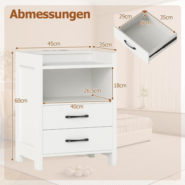 Nachttisch mit LED-Beleuchtung und Ladestation, 2 Schubladen