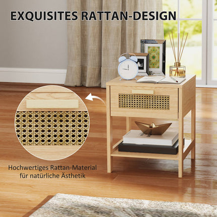 Rattan bedside table with drawer and shelf, 40 x 40 x 48.4 cm
