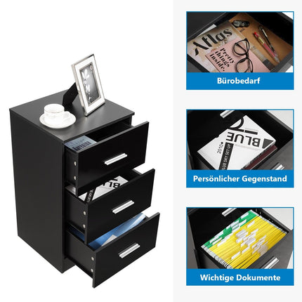 Nachttisch Aktenschrank mit 3 Schubladen Schubladencontainer schwarz
