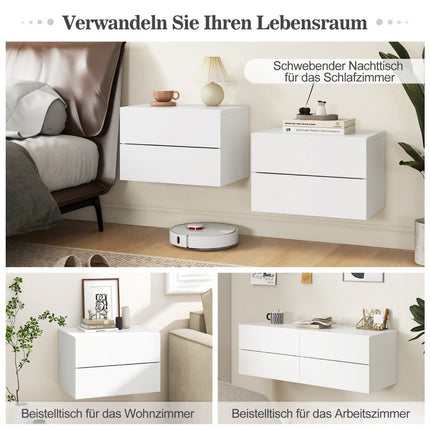 Bedside table hanging wall shelf with 2 drawers side table wall mounted 42 x 30 x 28 cm white