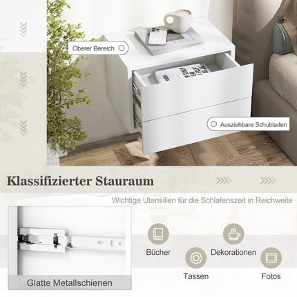 Bedside table hanging wall shelf with 2 drawers side table wall mounted 42 x 30 x 28 cm white