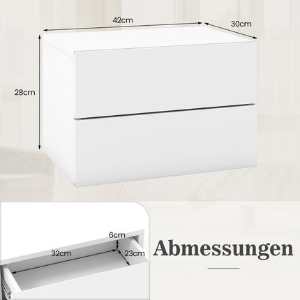 Bedside table hanging wall shelf with 2 drawers side table wall mounted 42 x 30 x 28 cm white