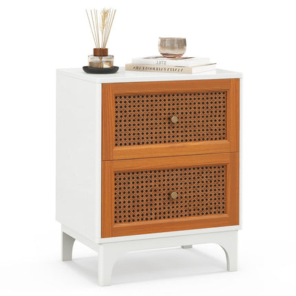 Nachttisch Rattan Nachtschrank mit 2 Schubladen Beistelltisch mit Massivholzbeinen 46 x 33 x 59,5 cm Weiß + Braun