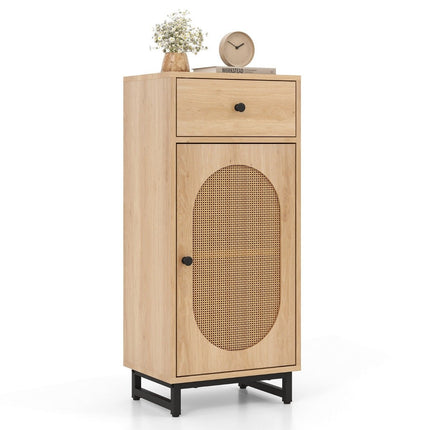 Table de chevet en rotin avec porte et tiroir Table d'appoint Boho avec étagère réglable 40 x 30 x 91 cm naturel