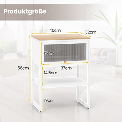 Nachtkastje nachtkastje houten nachtkastje met metalen frame & plank & transparante deur 40 x 32 x 56 cm wit