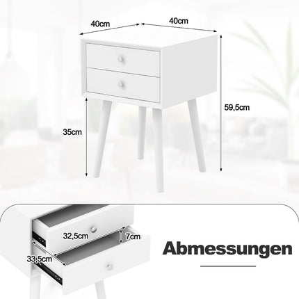 Nachttisch mit 2 Schubladen Kleiner Beistelltisch aus Holz 40 x 40 x 59,5 cm weiß