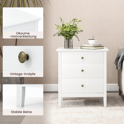 Bedside table with 3 drawers, side table, nightstand, nightstand, white