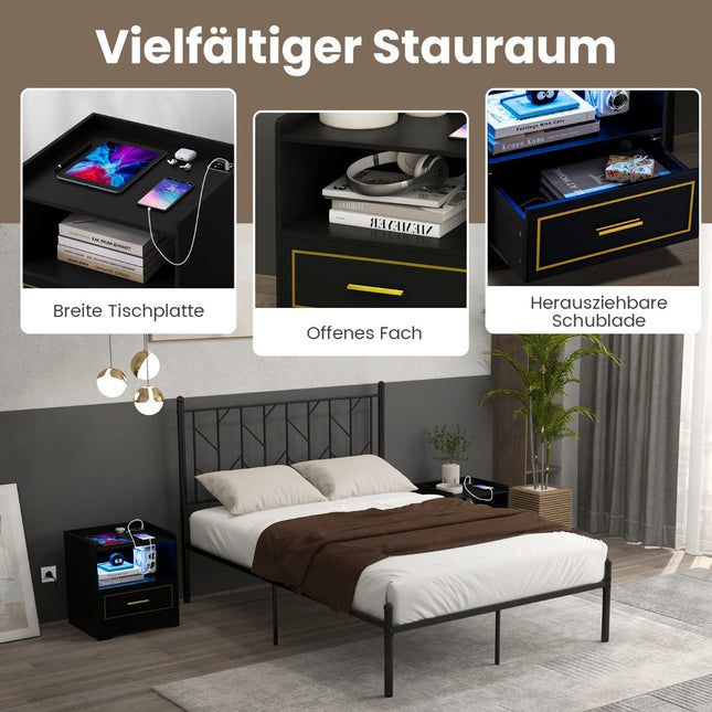 Nachttisch mit LED-Licht, USB-Anschluss und Typ-C-Ladestation, Nachttisch mit Bewegungssensor, schwarz