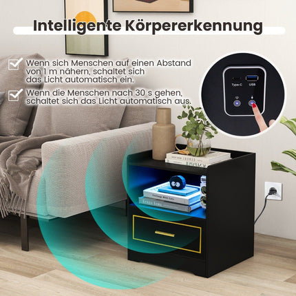 Nachttisch mit LED-Licht, USB-Anschluss und Typ-C-Ladestation, Nachttisch mit Bewegungssensor, schwarz