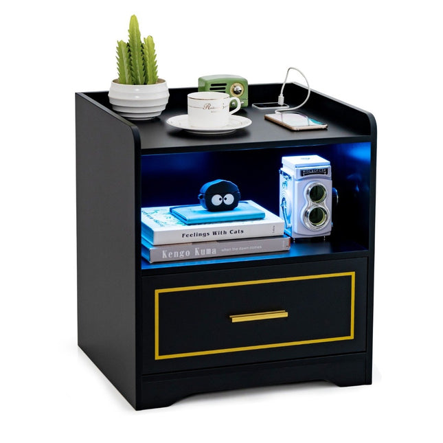 Nachttisch mit LED-Licht, USB-Anschluss und Typ-C-Ladestation, Nachttisch mit Bewegungssensor, schwarz
