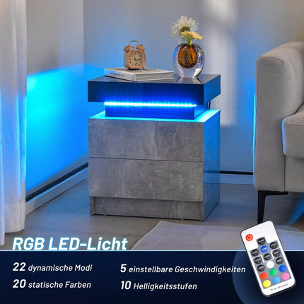 Nachttisch mit LED-Leuchten &amp; 2 Schubladen &amp; Fernbedienung Nachttisch 45 x 35 x 52cm grau