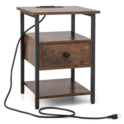 Table de chevet avec station de charge et tiroir Table de chevet avec étagères ouvertes 40 x 40 x 55 cm Brun rustique