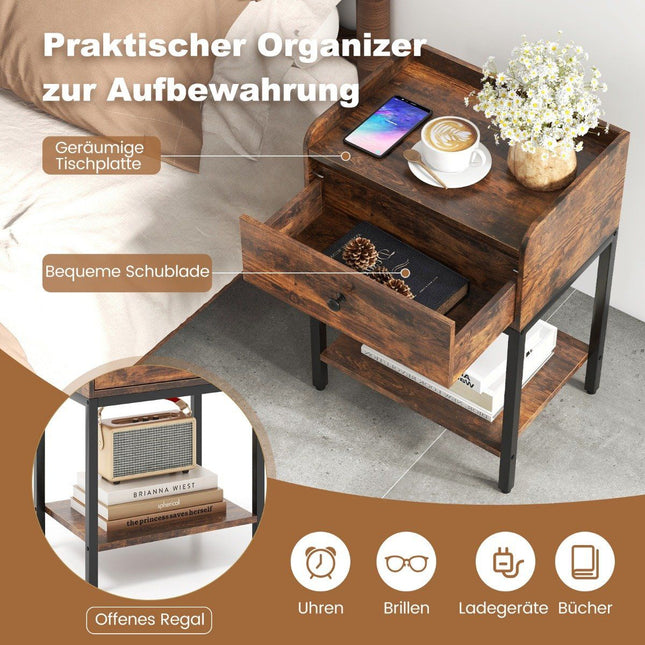 Nachttisch mit Schublade Beistelltisch mit offenem Regal 42 x 30 x 60 cm Rustikal braun