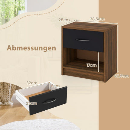 Nachttisch mit Schublade Kleiner Beistelltisch mit offenem Fach 38,5 x 28 x 40,5 cm Braun + Schwarz