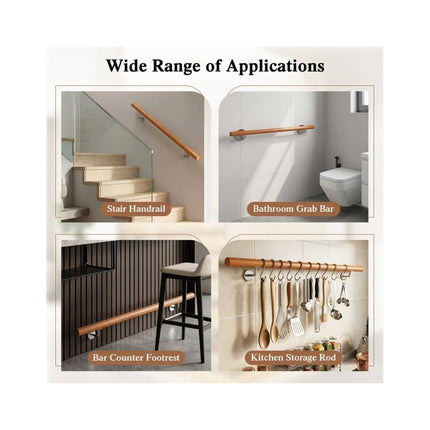 Beech Wood Stair Handrail 80 cm with Wall Brackets, 40 mm Diameter, 200 kg Load