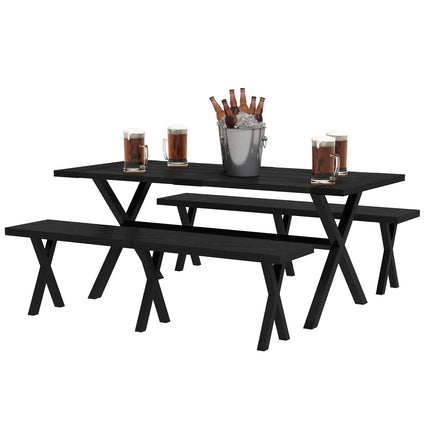 Bierzeltgarnitur Schwarz - Tisch, 2 Bänke, Holzoptik, 180x80x73 cm