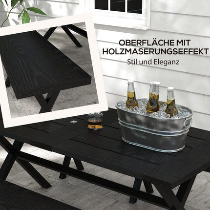 Bierzeltgarnitur Schwarz - Tisch, 2 Bänke, Holzoptik, 180x80x73 cm