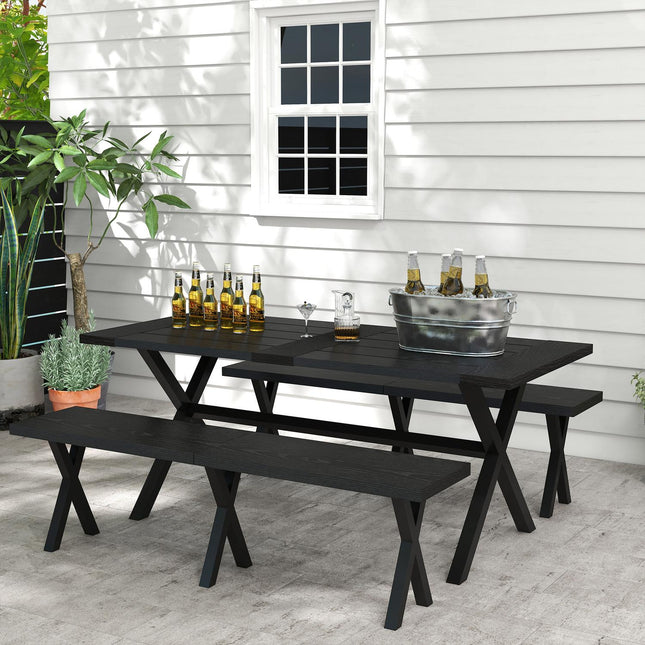 Bierzeltgarnitur Schwarz - Tisch, 2 Bänke, Holzoptik, 180x80x73 cm