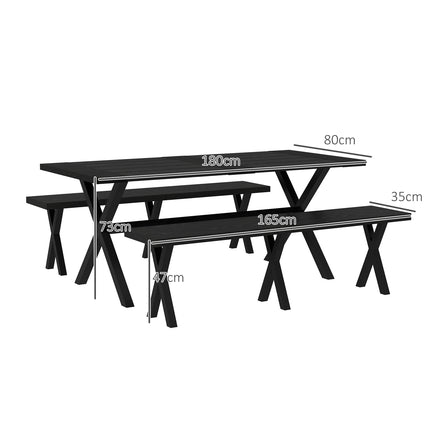 Bierzeltgarnitur Schwarz - Tisch, 2 Bänke, Holzoptik, 180x80x73 cm