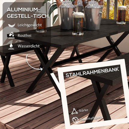 Bierzeltgarnitur Schwarz - Tisch, 2 Bänke, Holzoptik, 180x80x73 cm