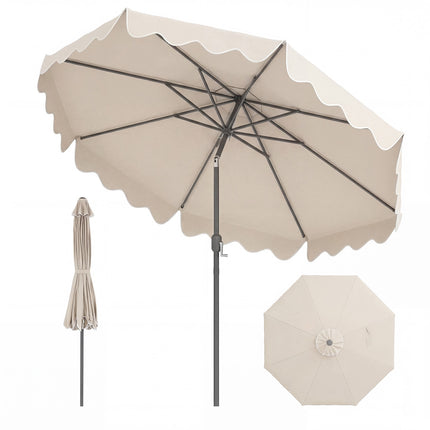 Beiger Sonnenschirm 270cm mit Volant, Handkurbel & Kippfunktion