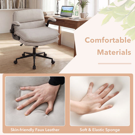 Beige Faux Leather Office Chair with Flip-Up Arms