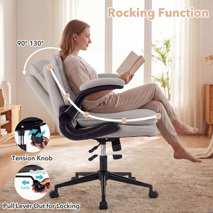 Beige Faux Leather Office Chair with Flip-Up Arms