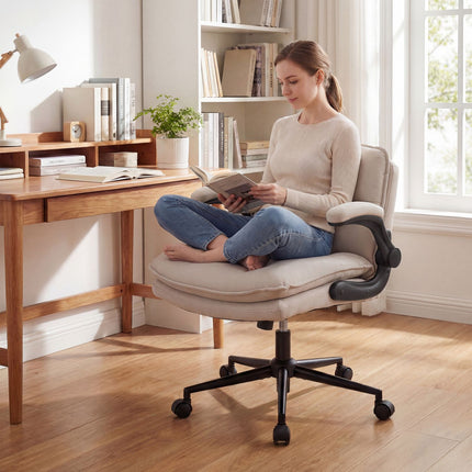 Beige Faux Leather Office Chair with Flip-Up Arms