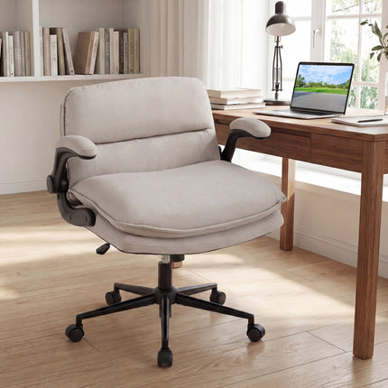 Beige Faux Leather Office Chair with Flip-Up Arms