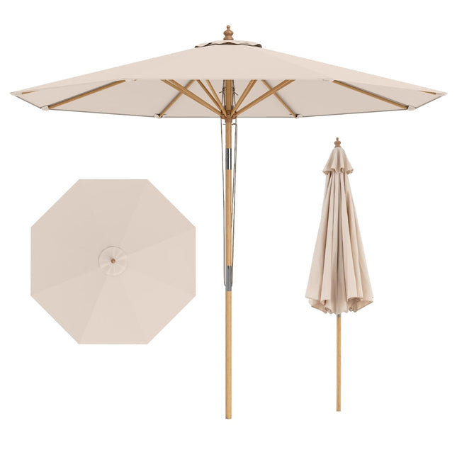 Beiger Sonnenschirm, 270 cm, Bambusgestell, verstellbarer Neigungswinkel