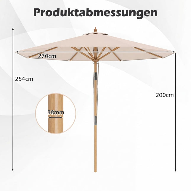 Beiger Sonnenschirm, 270 cm, Bambusgestell, verstellbarer Neigungswinkel