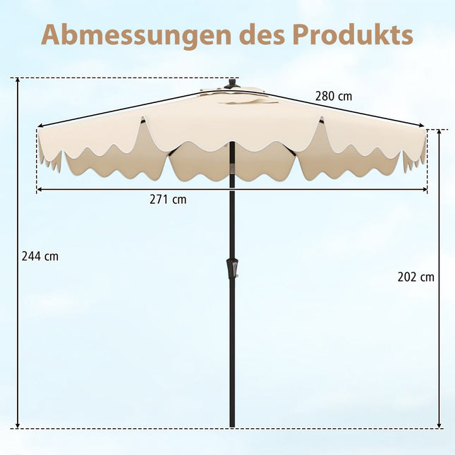 Beiger Sonnenschirm mit Kurbel, Neigungsfunktion und Belüftung, 280 cm