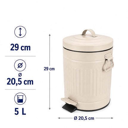 Beige Retro Bathroom Pedal Bin, 5L Capacity, Soft-Close Lid
