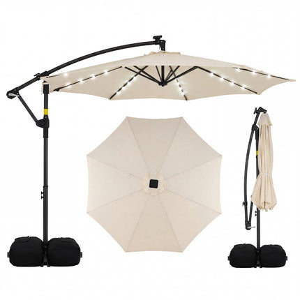 Beige Solar LED Patio Umbrella, 360 Rotatable, 300cm