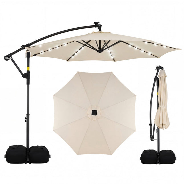 Beiger Solar-LED-Terrassenschirm, 360° drehbar, 300cm
