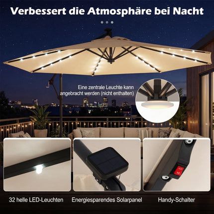 Beige Solar LED Patio Umbrella, 360 Rotatable, 300cm