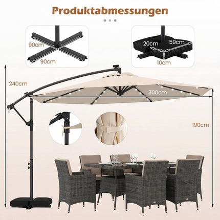 Beige Solar LED Patio Umbrella, 360 Rotatable, 300cm