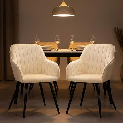 Beige Velvet Dining Chairs with Armrests, Set of 2