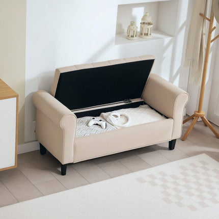 Beige Velvet Storage Bench with Button Tufting and Armrests
