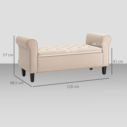 Beige Velvet Storage Bench with Button Tufting and Armrests