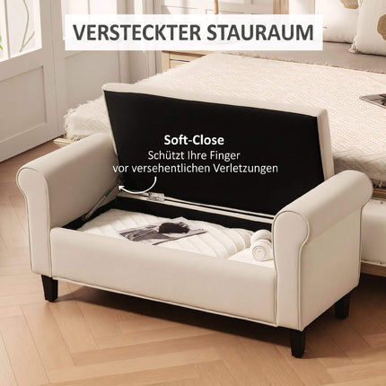 Beige Velvet Storage Bench with Button Tufting and Armrests