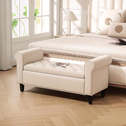 Beige Velvet Storage Bench with Button Tufting and Armrests