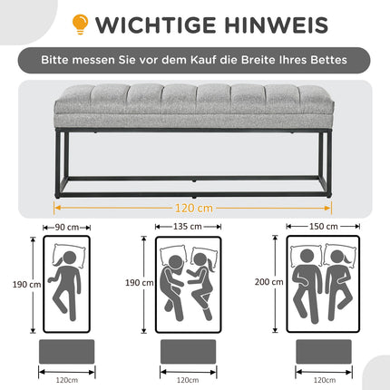 Gepolsterte Bettbank, hellgraues Leinen, 120x44x45,5 cm, 200 kg Tragfähigkeit