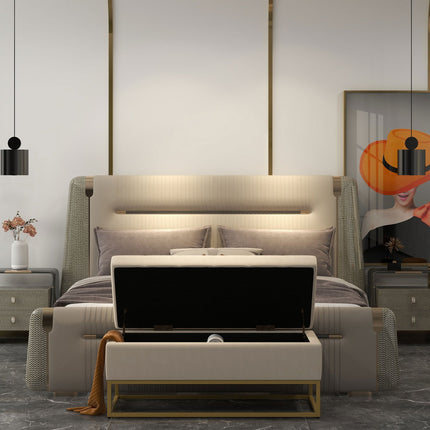 Beige gepolsterte Aufbewahrungsbank mit Stahlbeinen, 110cm