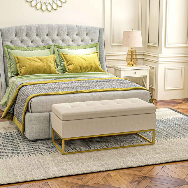 Beige gepolsterte Aufbewahrungsbank mit Stahlbeinen, 110cm