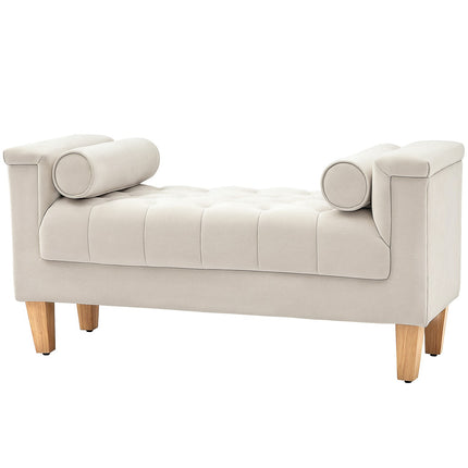 Chenille-gepolsterte Bank mit Armlehnen und Kissen, beige