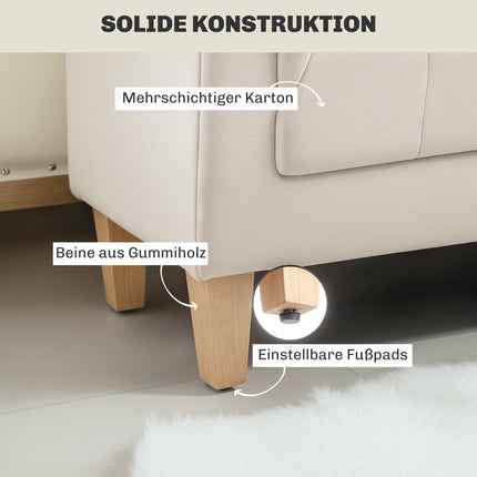 Chenille-gepolsterte Bank mit Armlehnen und Kissen, beige